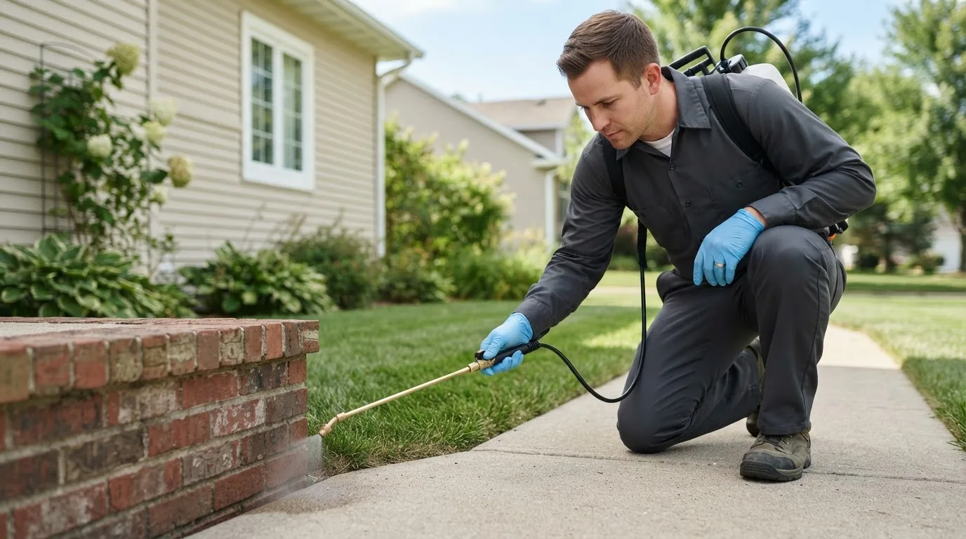 Pest control technician treating a home near Finley, OK