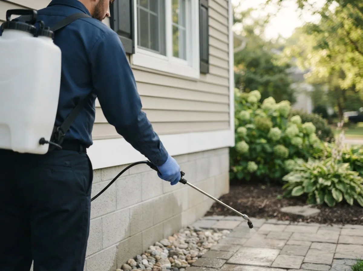 Pest control technician inspecting a home in Finley, OK